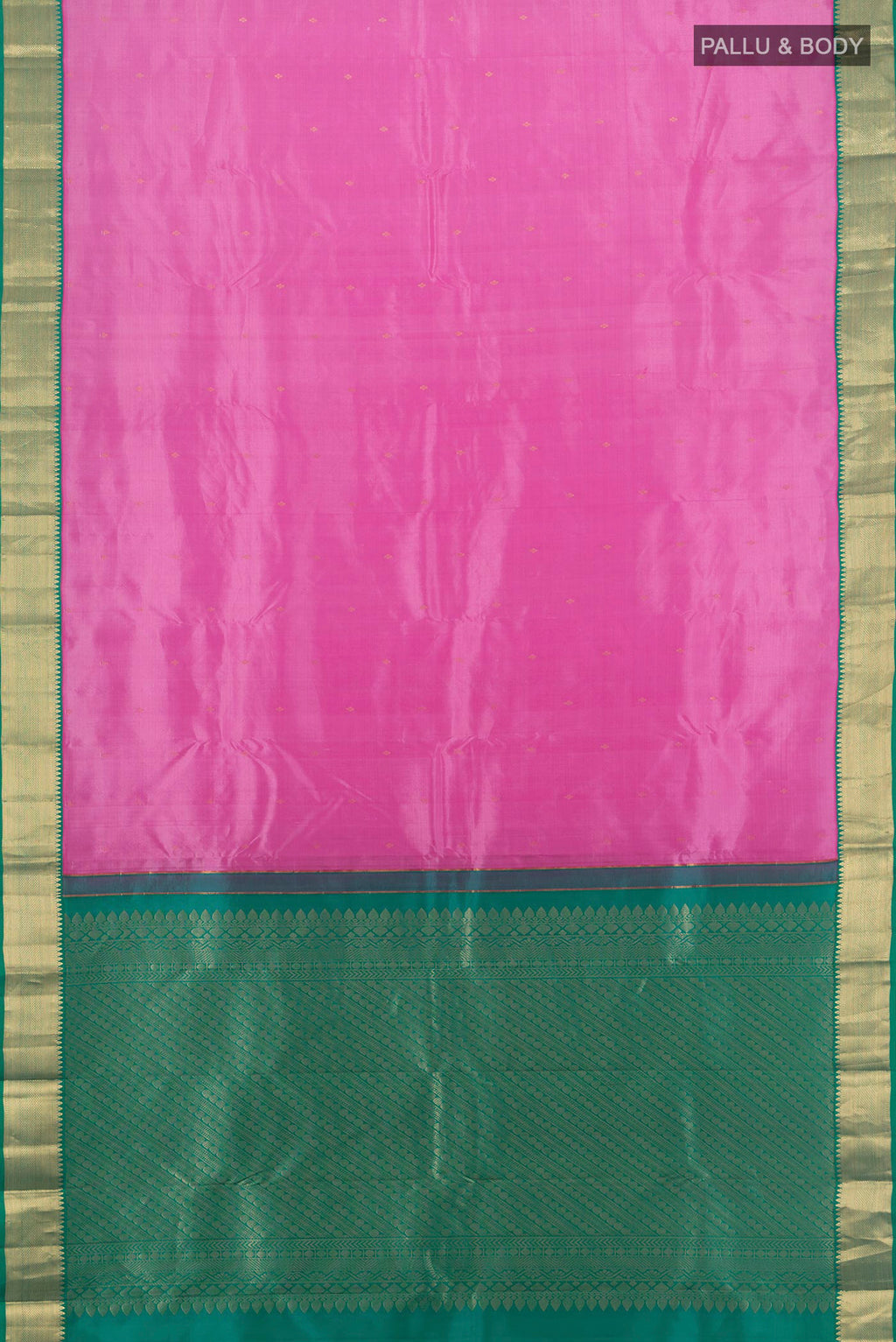 Flat view of Pure Silk Rose pink Kanjivaram Saree with Zari Butta on the body and Zari Border. 