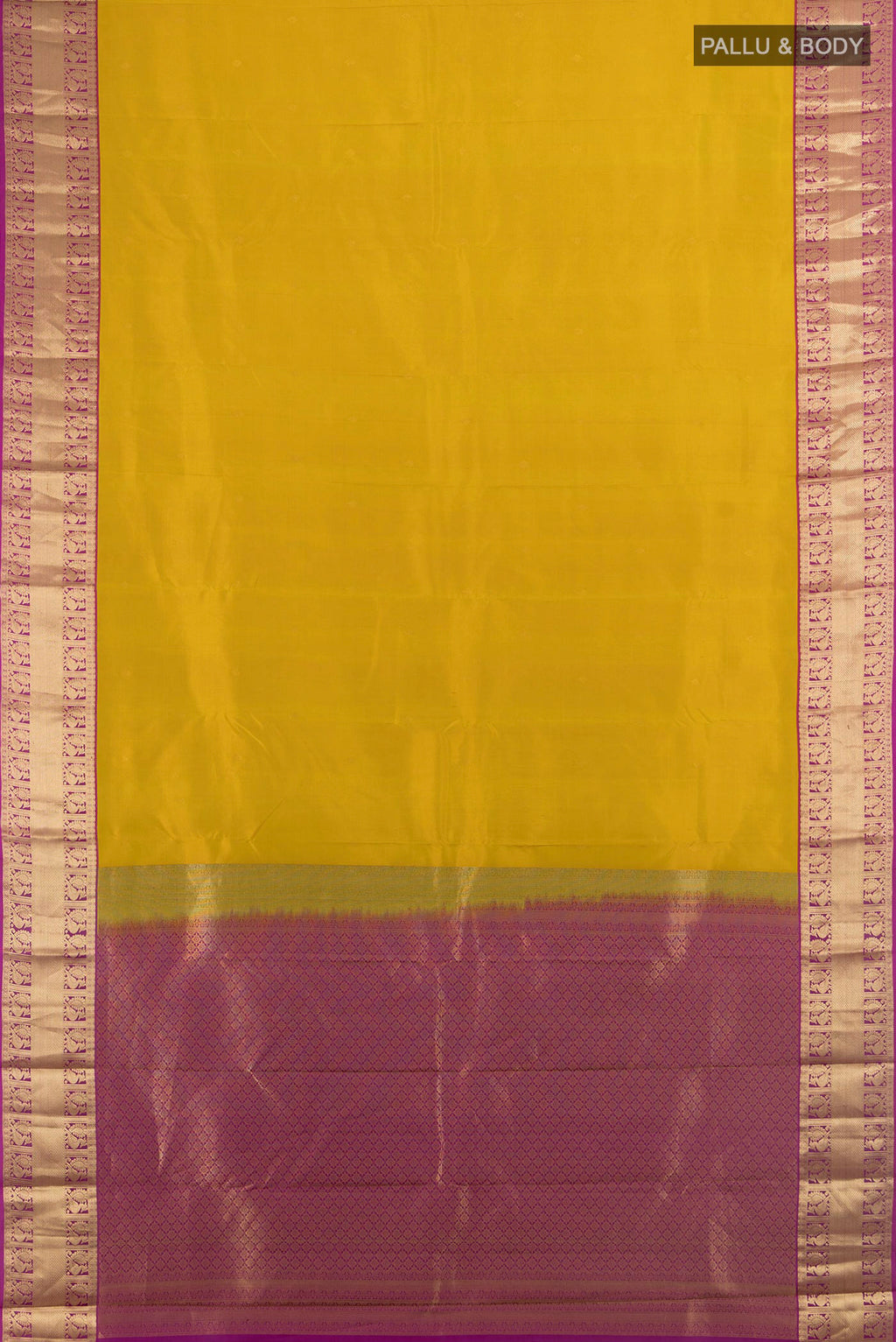 Flat view of Pure Silk Mustard Kanjivaram Saree with Zari Butta on the body and Silk Border. 