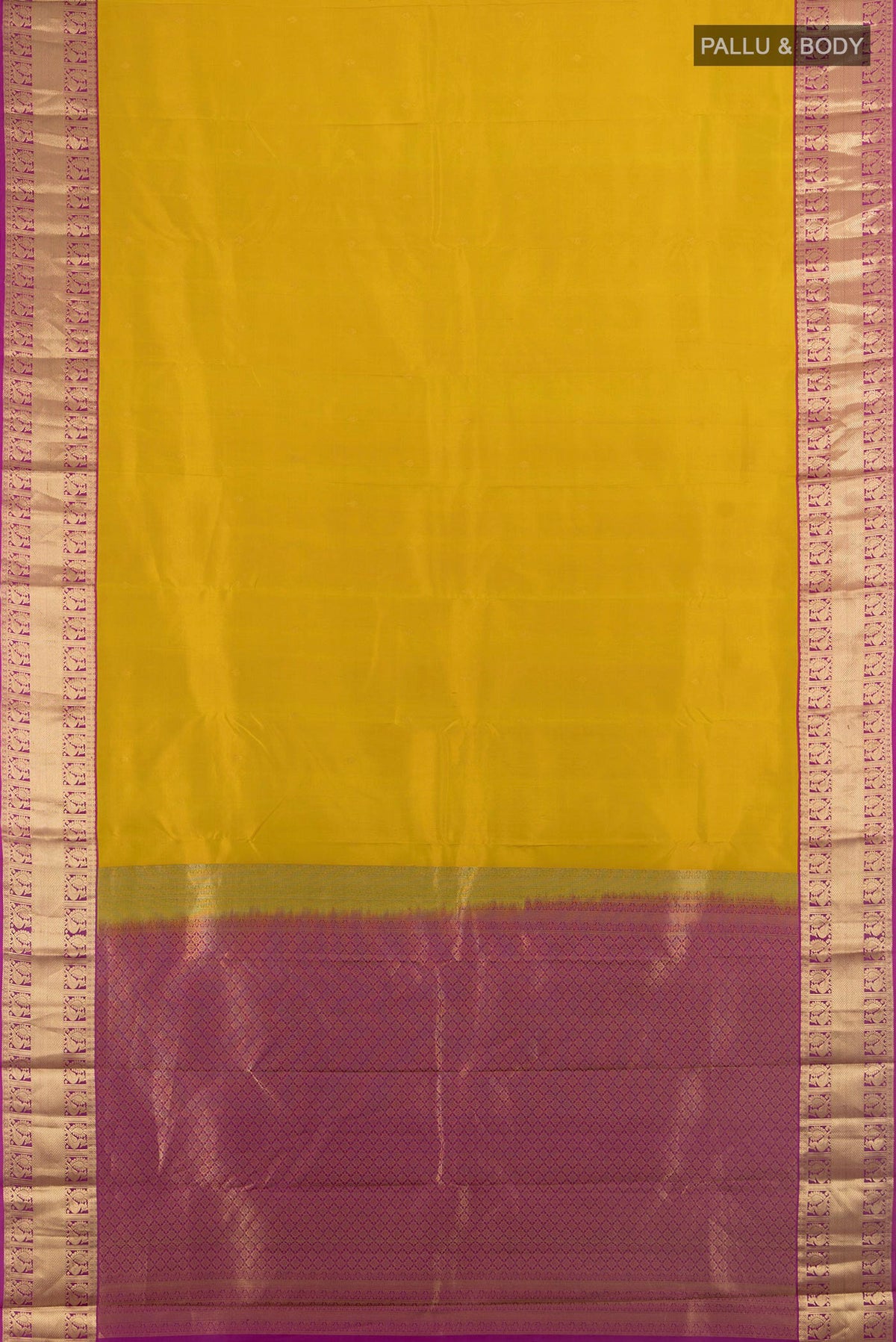 Flat view of Pure Silk Mustard Kanjivaram Saree with Zari Butta on the body and Silk Border. 