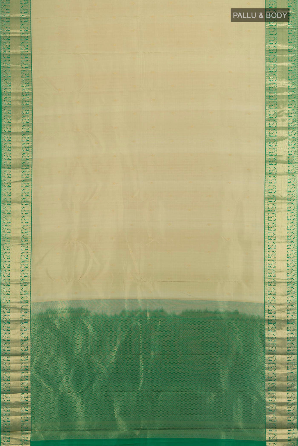 Flat view of Pure Silk Beige Kanjivaram Saree with Zari Butta on the body and Zari Border. 