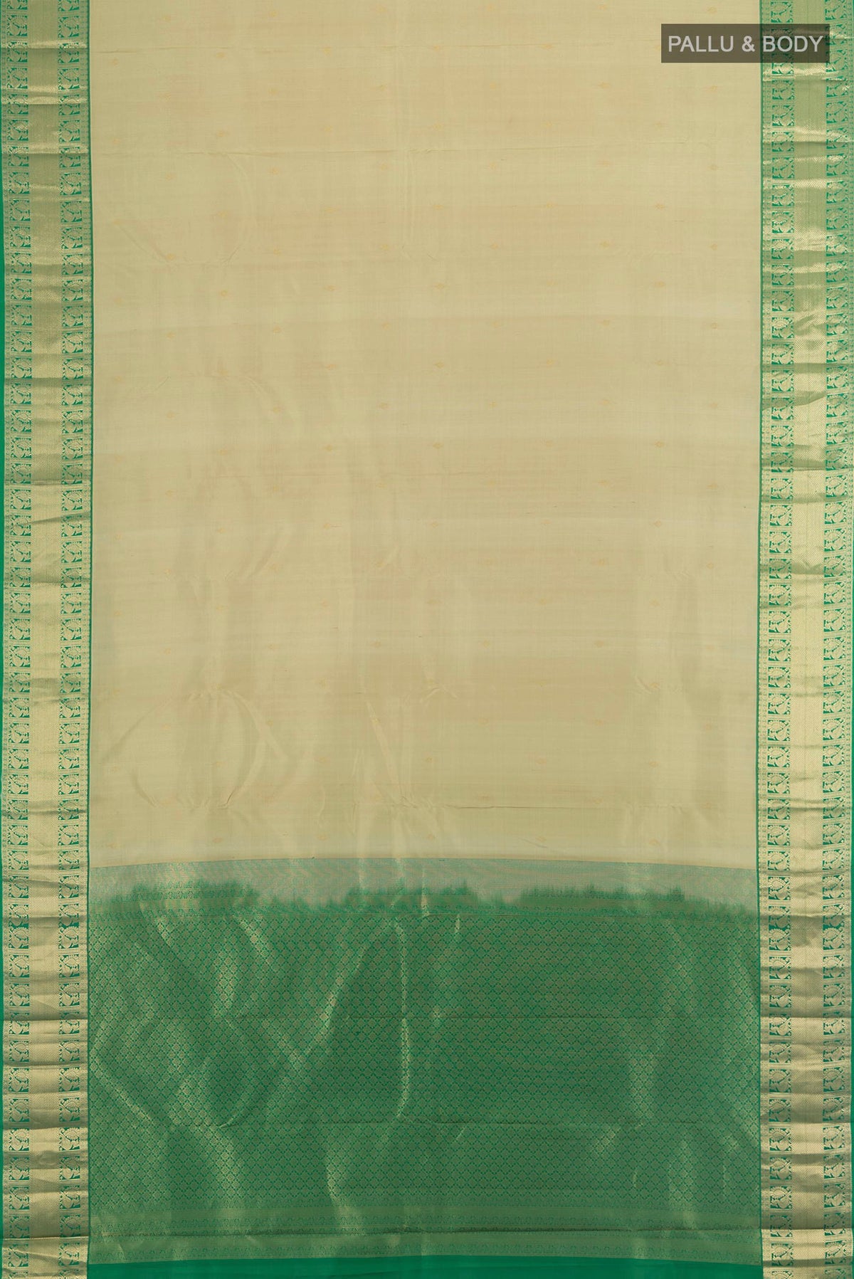 Flat view of Pure Silk Beige Kanjivaram Saree with Zari Butta on the body and Zari Border. 