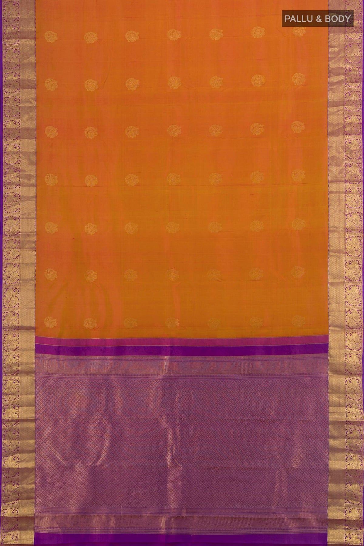Flat view of Pure Silk Mustard Kanjivaram Saree with Zari Butta on the body and Zari Border. 
