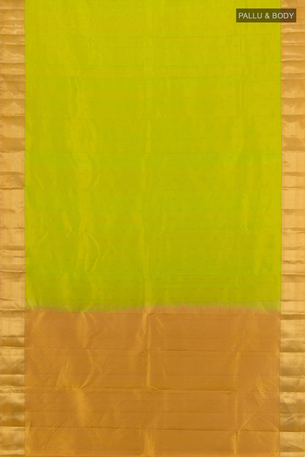 Flat view of Pure Silk Parrot Green Kanchipuram Saree with Zari Butta on the body and Zari Border. 