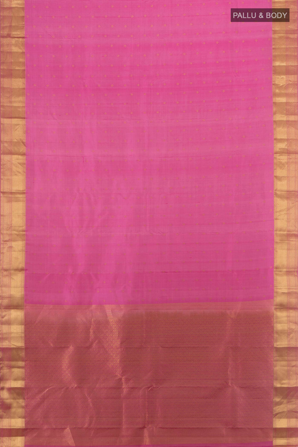 Flat view of Pure Silk Rose pink Kanchipuram Saree with Zari Butta on the body and Zari Border. 