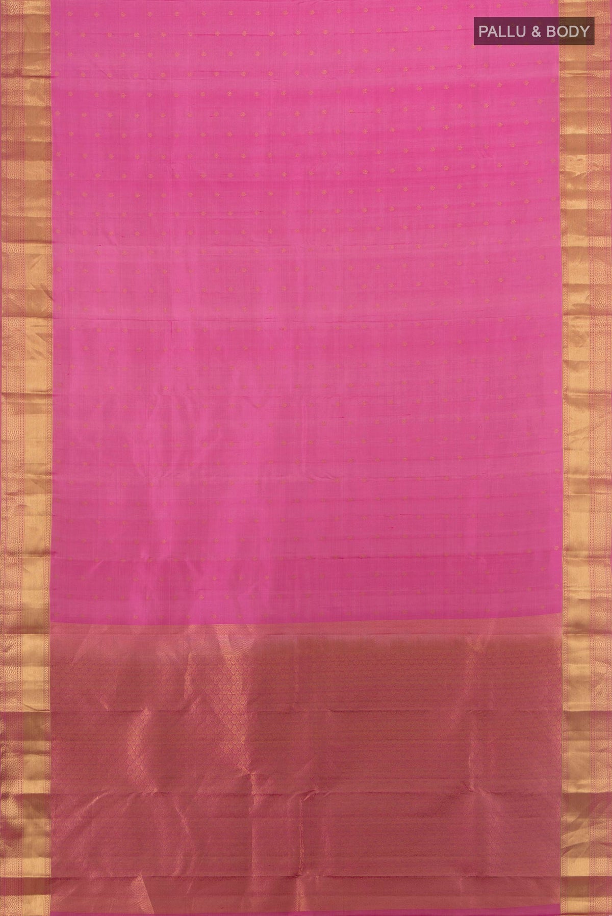 Flat view of Pure Silk Rose pink Kanchipuram Saree with Zari Butta on the body and Zari Border. 