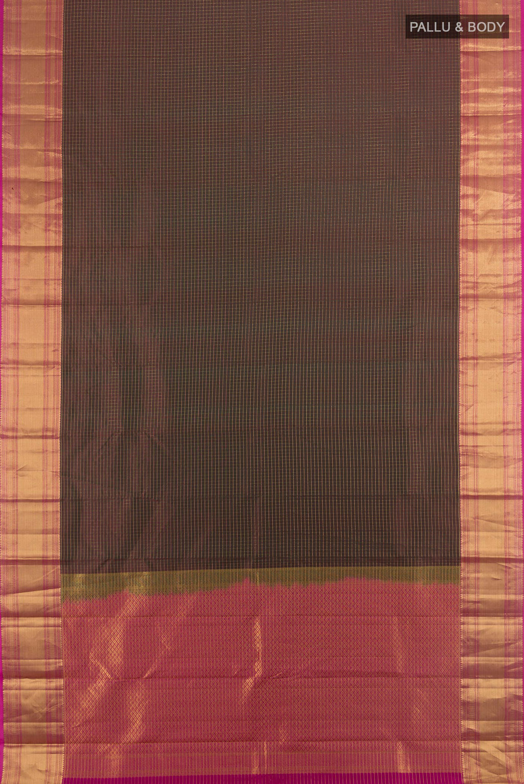 Flat view of Pure Silk Coffee Brown Kanjivaram Saree with Zari Butta on the body and Silk Border. 