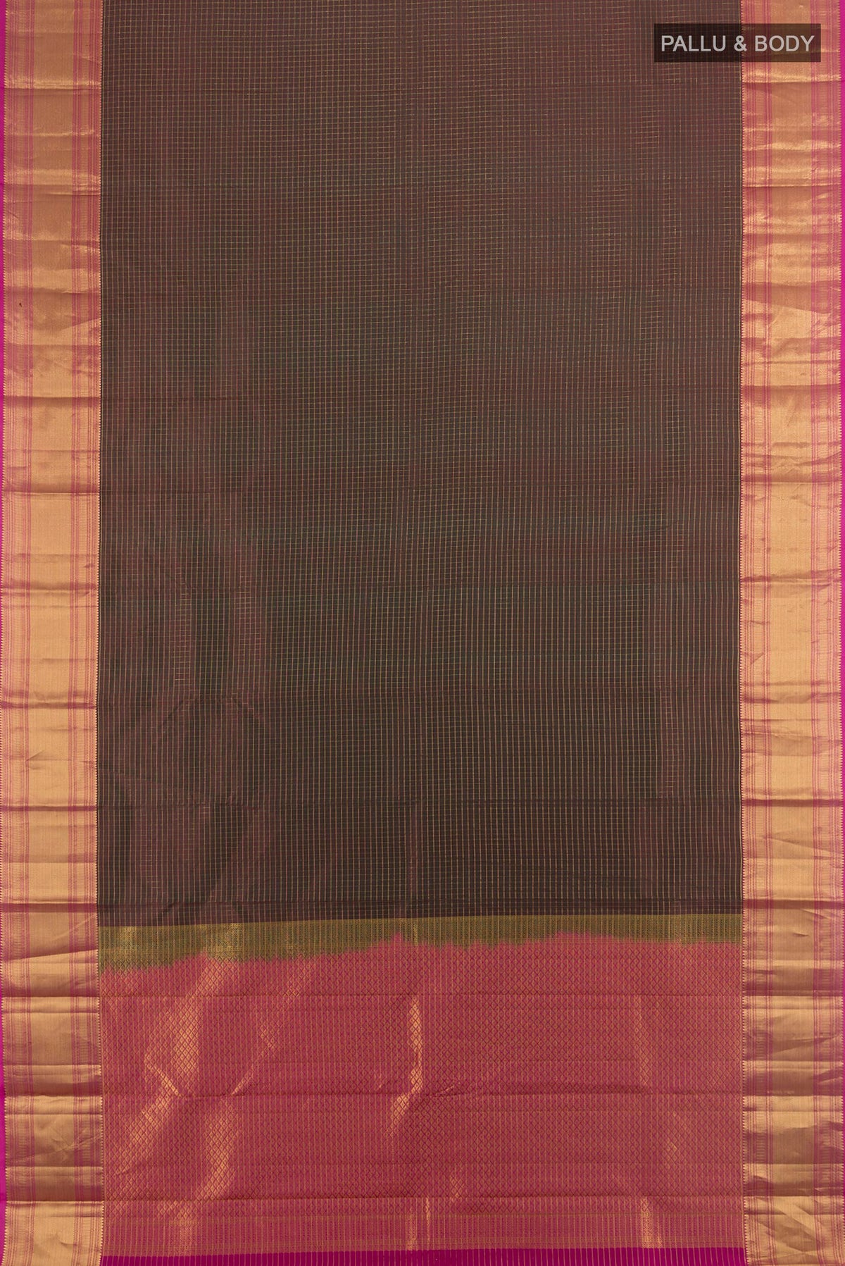 Flat view of Pure Silk Coffee Brown Kanjivaram Saree with Zari Butta on the body and Silk Border. 