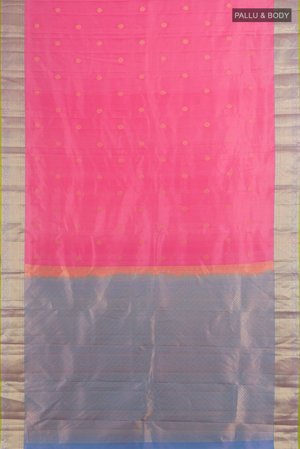 Flat view of Pure Silk Rose pink Kanjivaram Saree with Zari Butta on the body and Zari Border. 