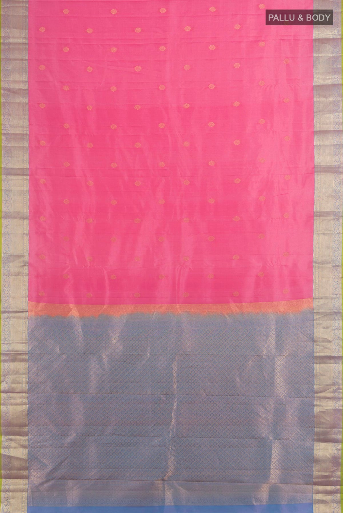 Flat view of Pure Silk Rose pink Kanjivaram Saree with Zari Butta on the body and Zari Border. 