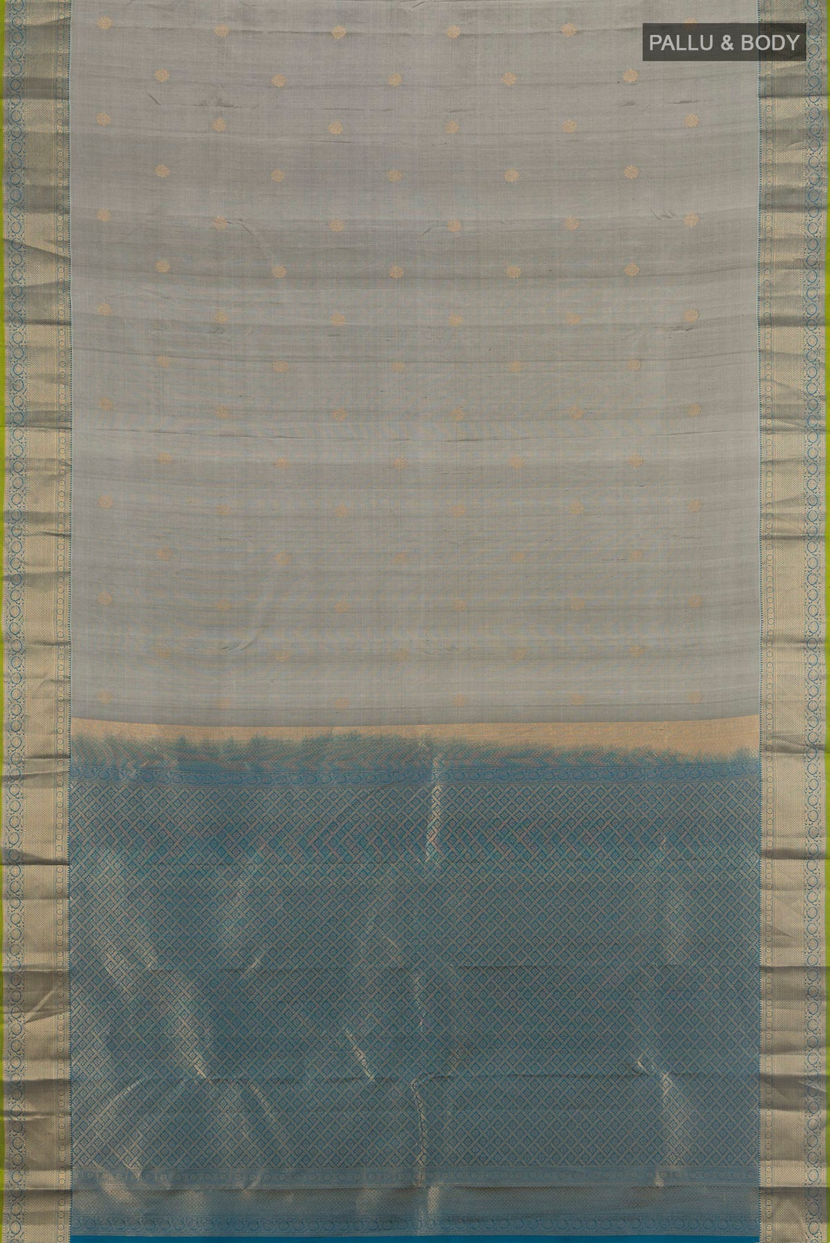 Flat view of Pure Silk Grey Kanjivaram Saree with Zari Butta on the body and Zari Border. 
