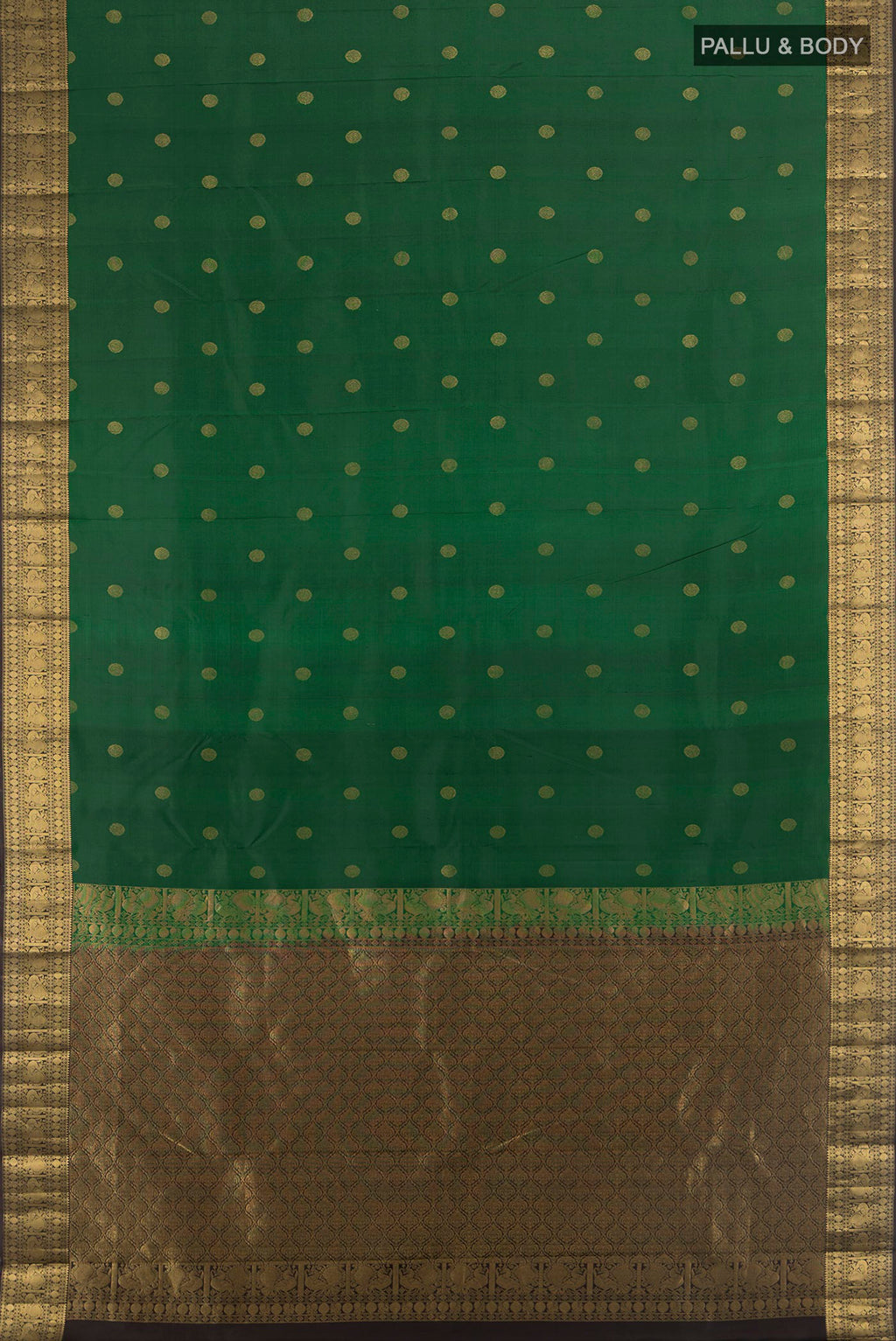 Flat view of Pure Silk Mint Green Kanchipuram Saree with Zari Butta on the body and Silk Border. 