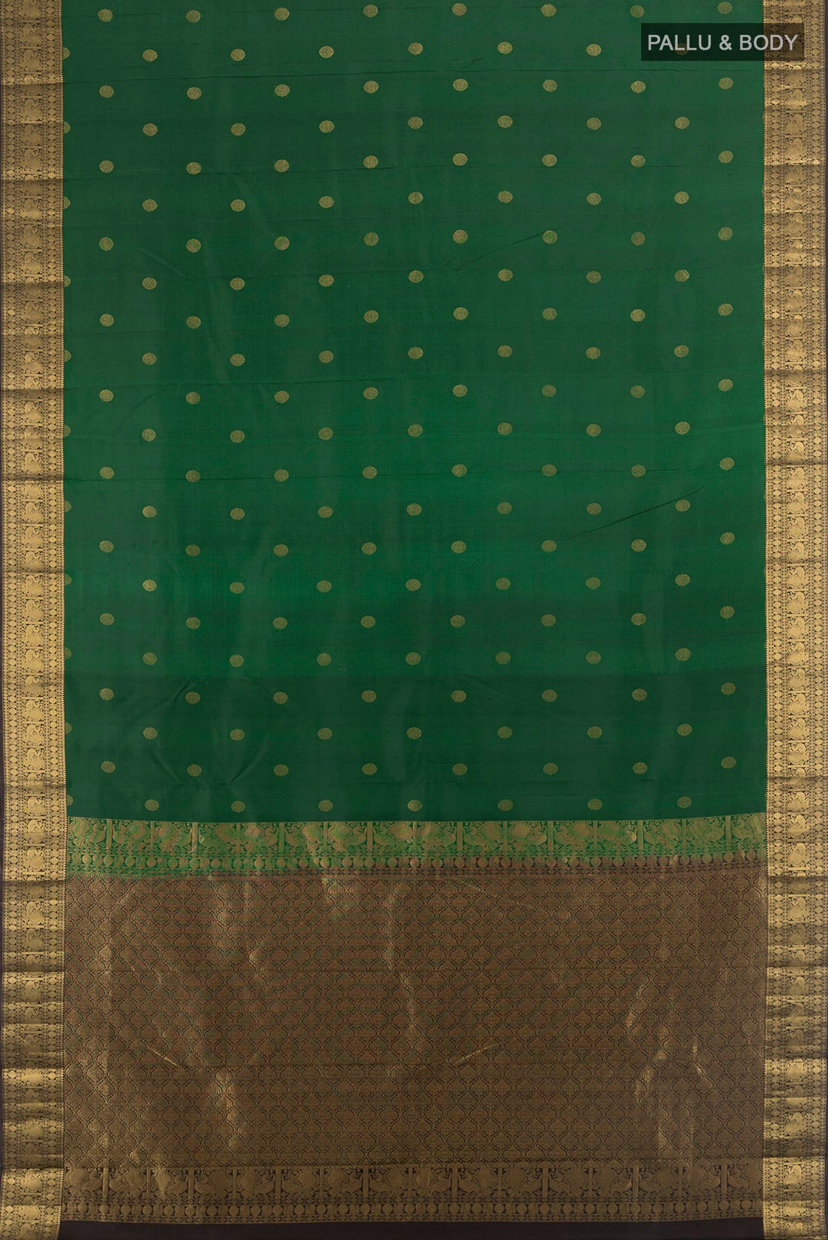Flat view of Pure Silk Mint Green Kanchipuram Saree with Zari Butta on the body and Silk Border. 