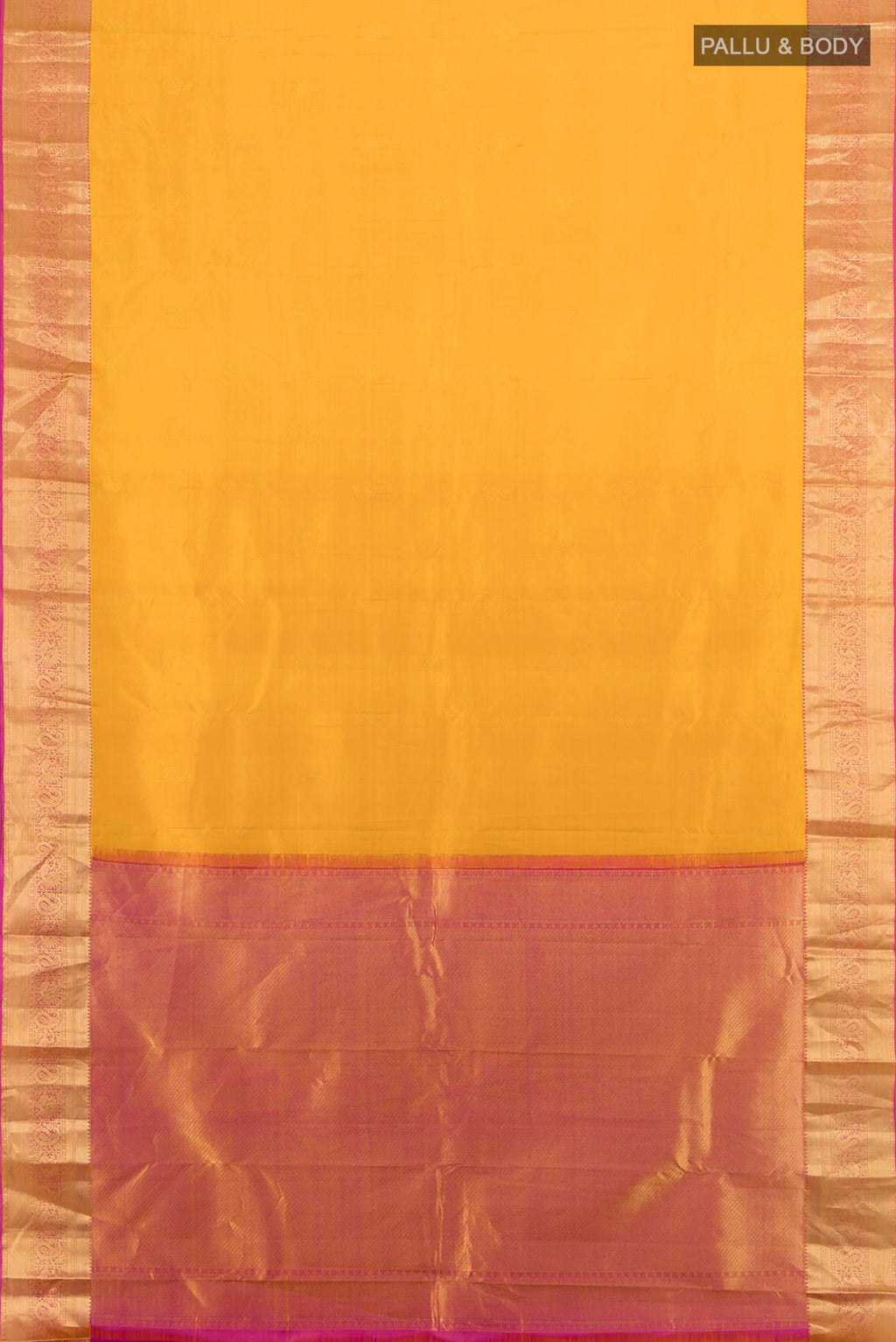 Flat view of Pure Silk Mustard Kanjivaram Saree with Zari Butta on the body and Zari Border. 