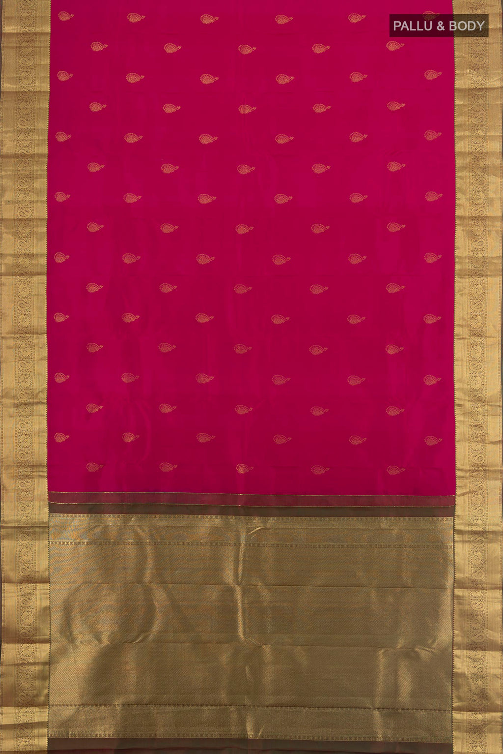 Flat view of Pure Silk Dark Pink Kanjivaram Saree with Zari Butta on the body and Zari Border. 