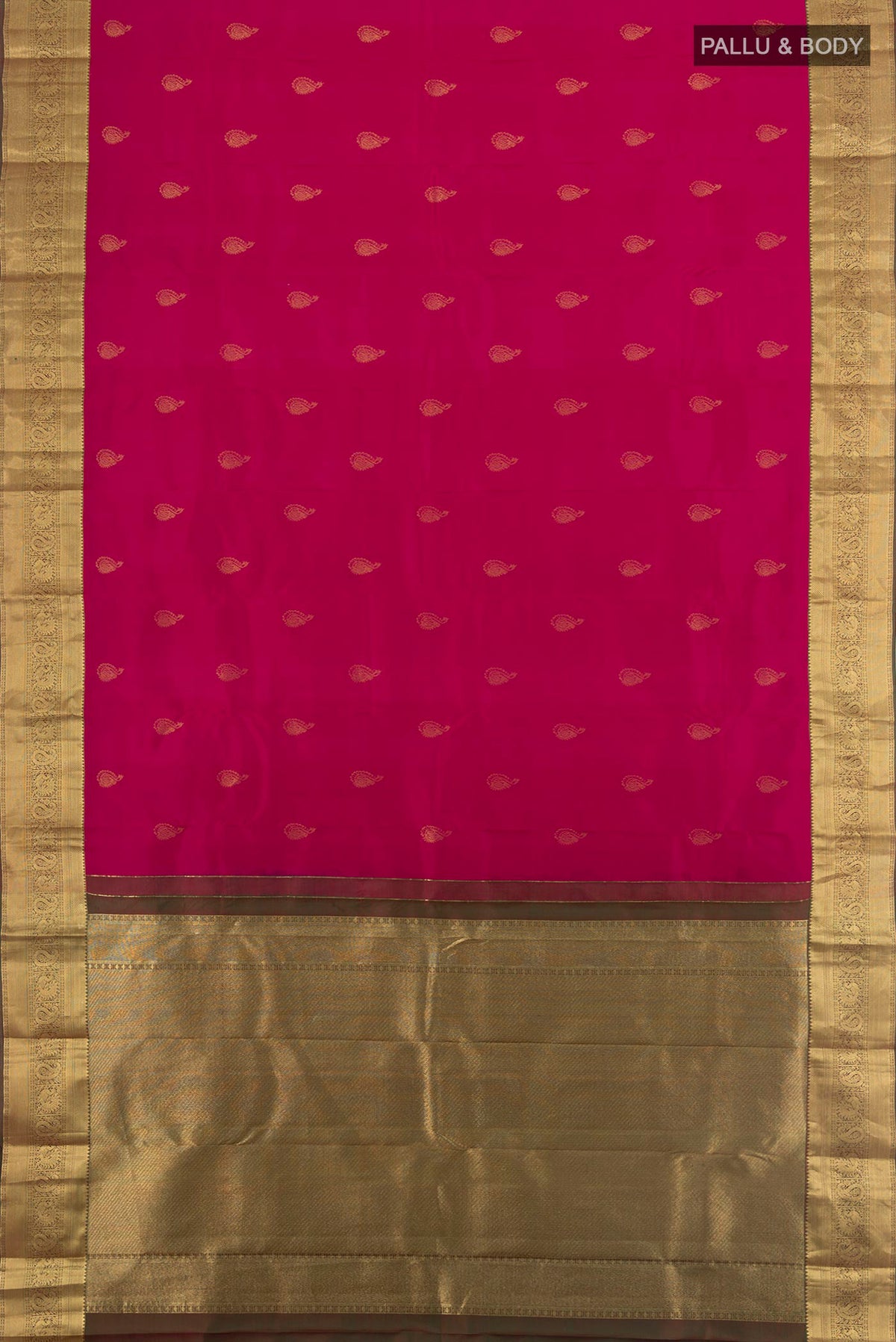 Flat view of Pure Silk Dark Pink Kanjivaram Saree with Zari Butta on the body and Zari Border. 