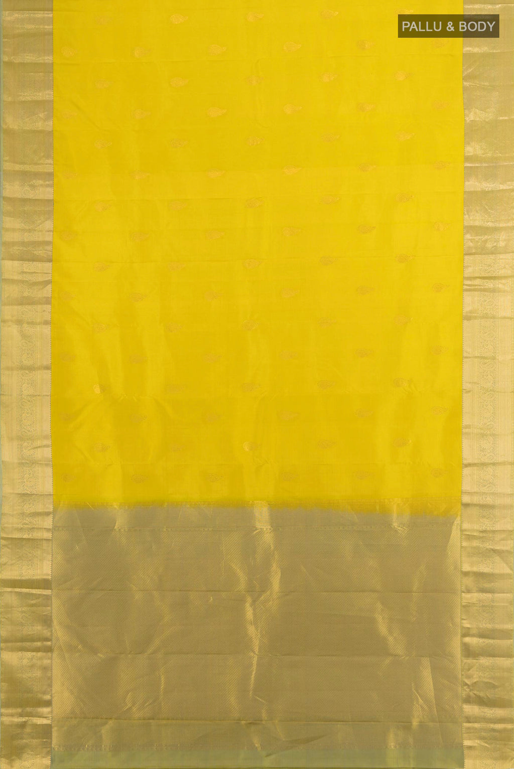 Flat view of Pure Silk Light Green Kanjivaram Saree with Zari Butta on the body and Silk Border. 