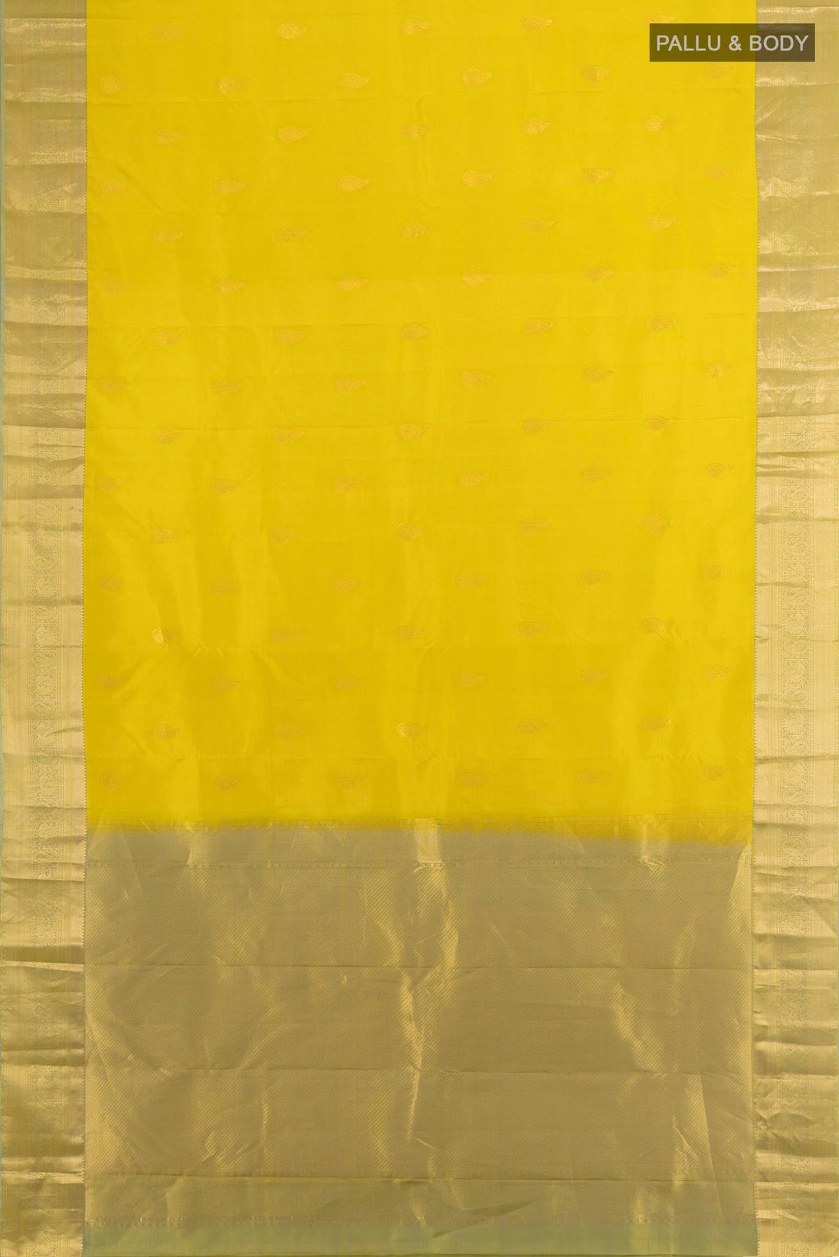 Flat view of Pure Silk Light Green Kanjivaram Saree with Zari Butta on the body and Silk Border. 