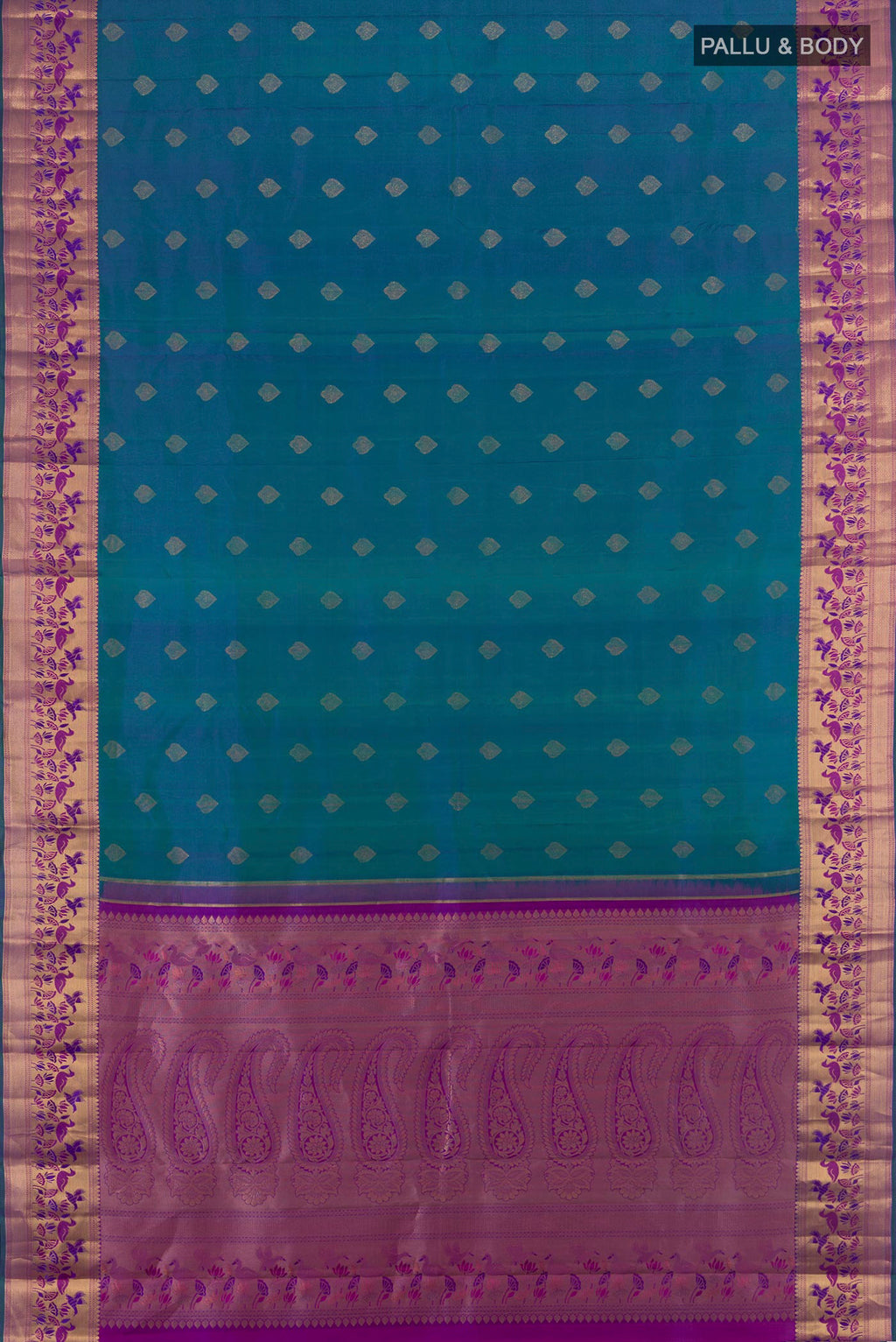 Flat view of Pure Silk Peacock Blue Kanjivaram Saree with Zari Butta on the body and Zari Border. 