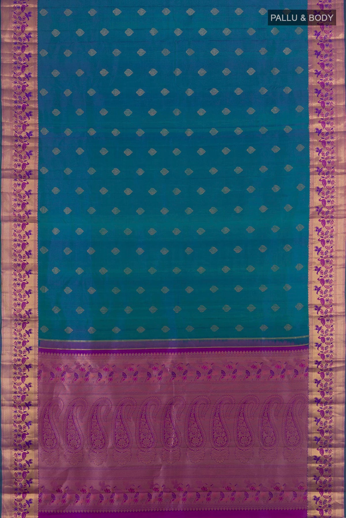 Flat view of Pure Silk Peacock Blue Kanjivaram Saree with Zari Butta on the body and Zari Border. 