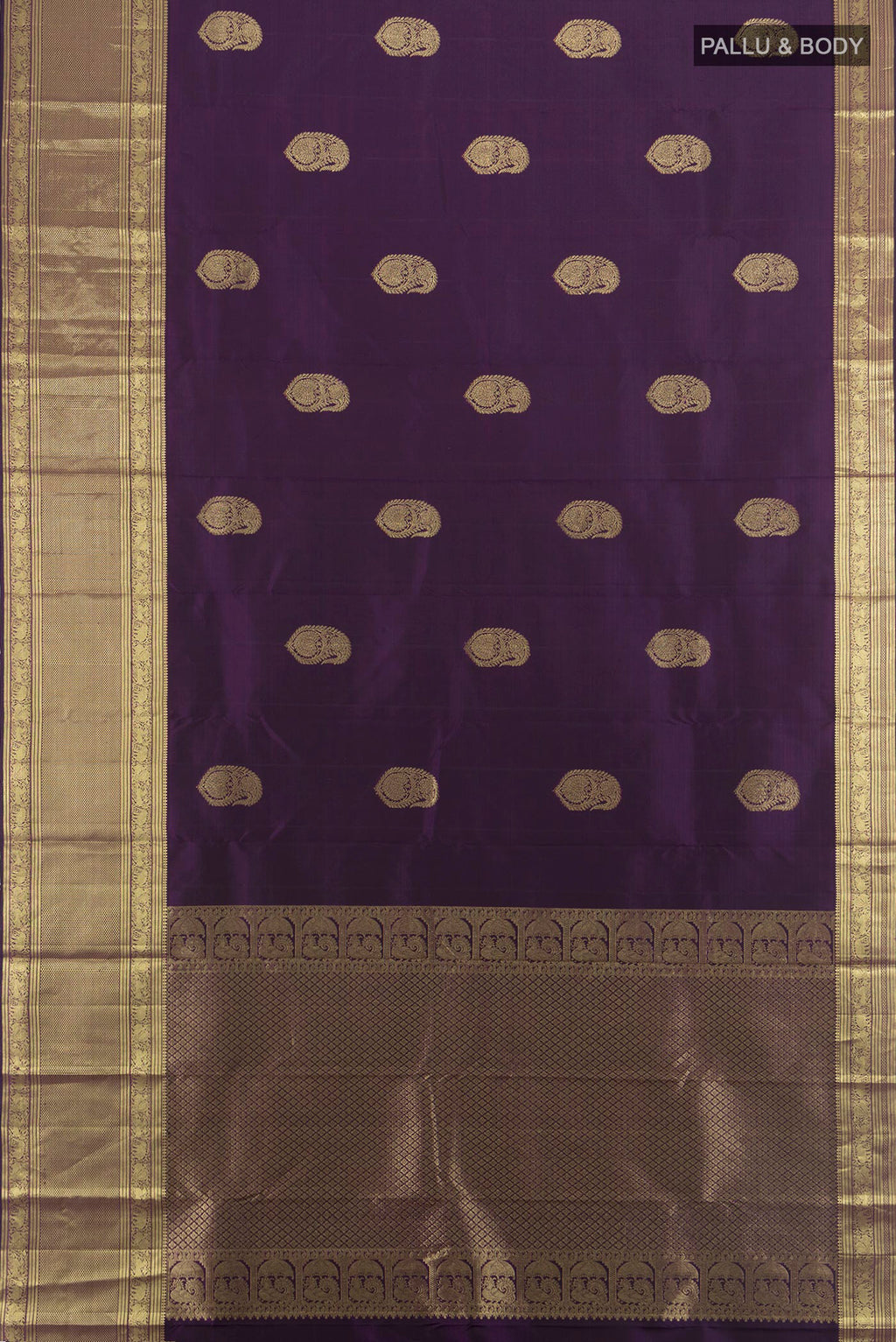 Flat view of Pure Silk Purple Kanjivaram Saree with Zari Butta on the body and Zari Border. 