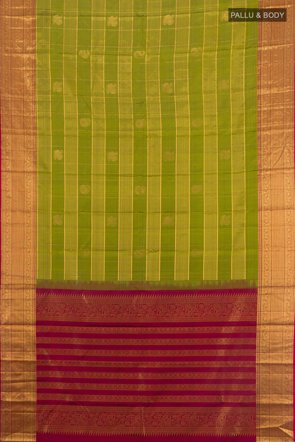 Flat view of Pure Silk Mehandi Green Kanjivaram Saree with Checked design on the body and Zari Border. 