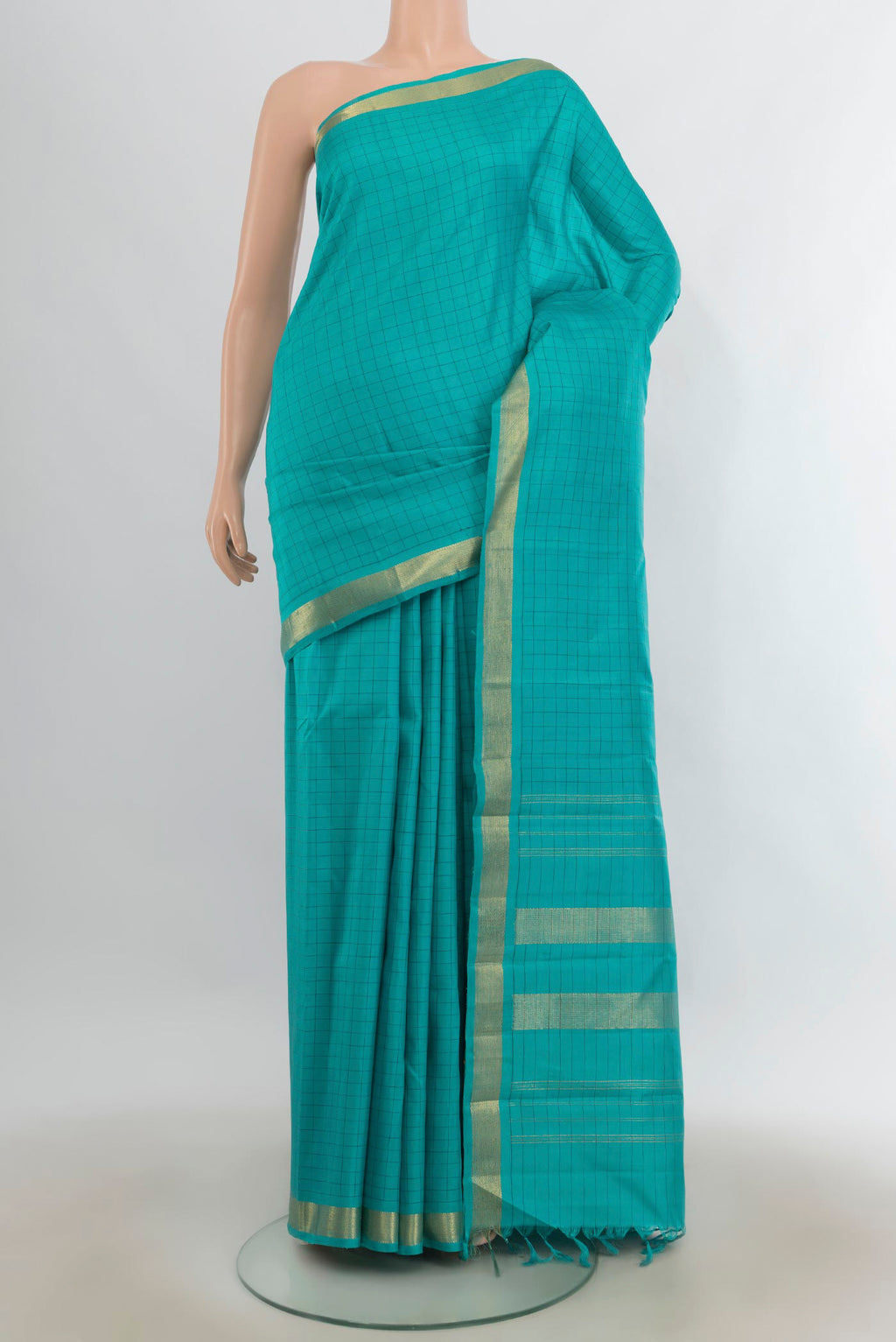 Pure Silk Turquoise Kanjivaram Saree with Checked design on the body and Zari Border.  displayed on a mannequin