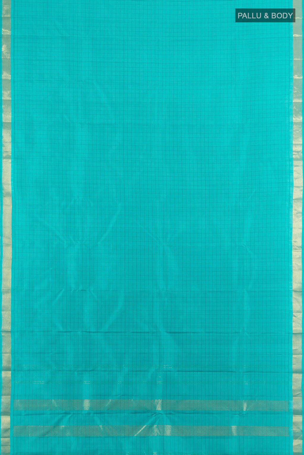 Flat view of Pure Silk Turquoise Kanjivaram Saree with Checked design on the body and Zari Border. 