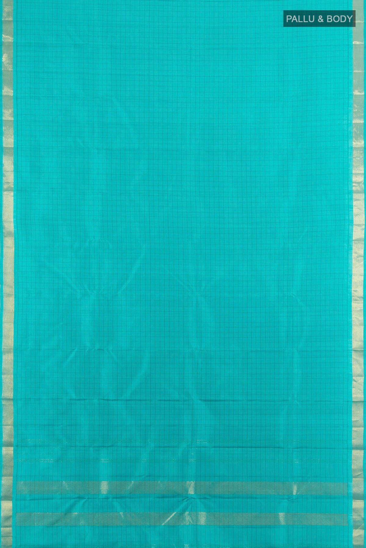 Flat view of Pure Silk Turquoise Kanjivaram Saree with Checked design on the body and Zari Border. 