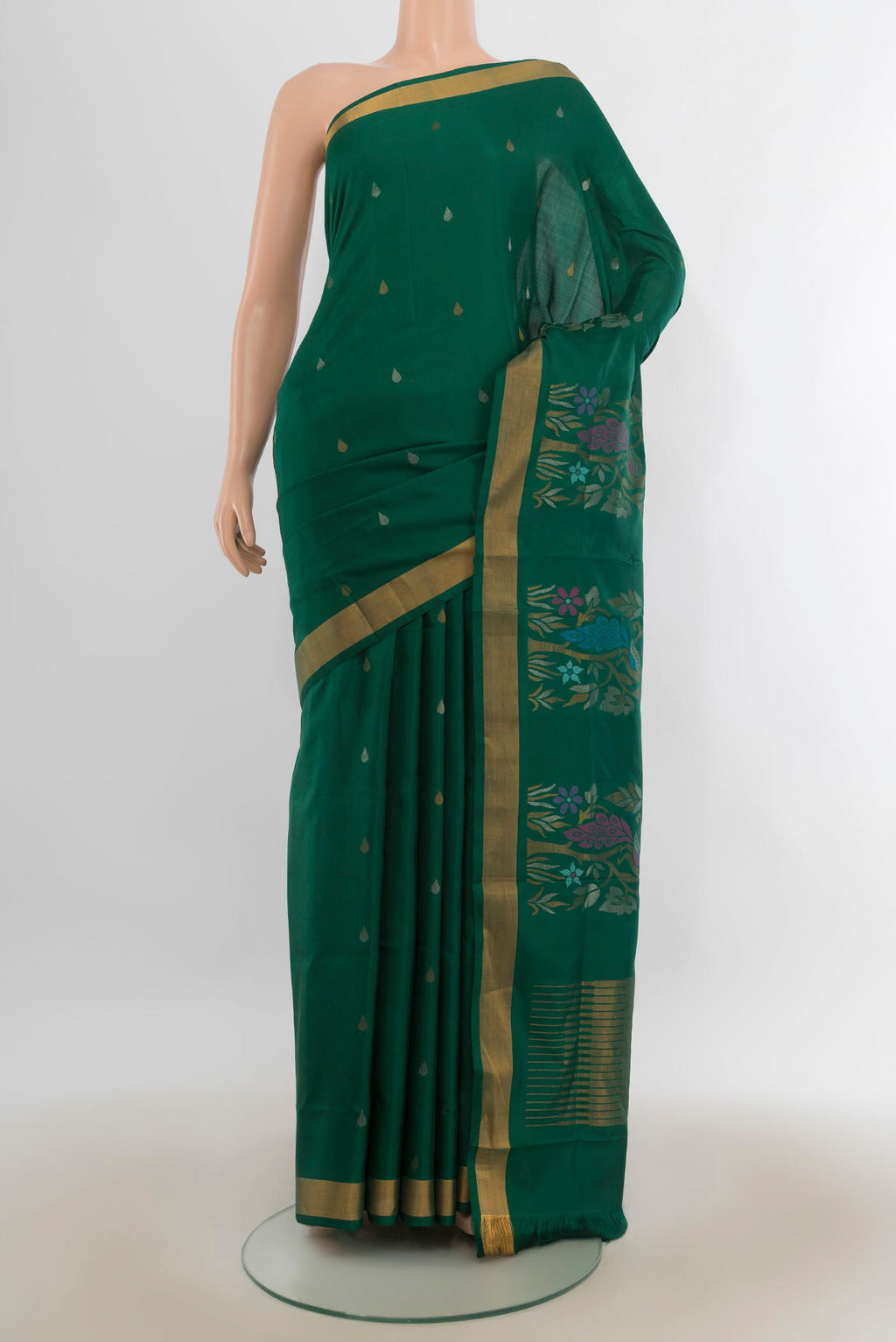 Pure Silk Green Uppada Saree with Zari Butta on the body and Zari Border.  displayed on a mannequin