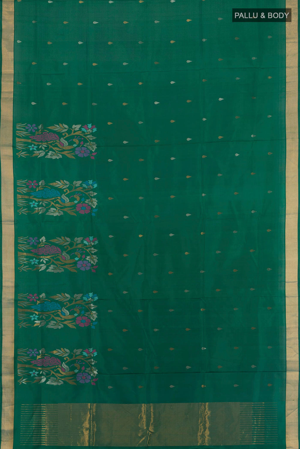 Flat view of Pure Silk Green Uppada Saree with Zari Butta on the body and Zari Border. 