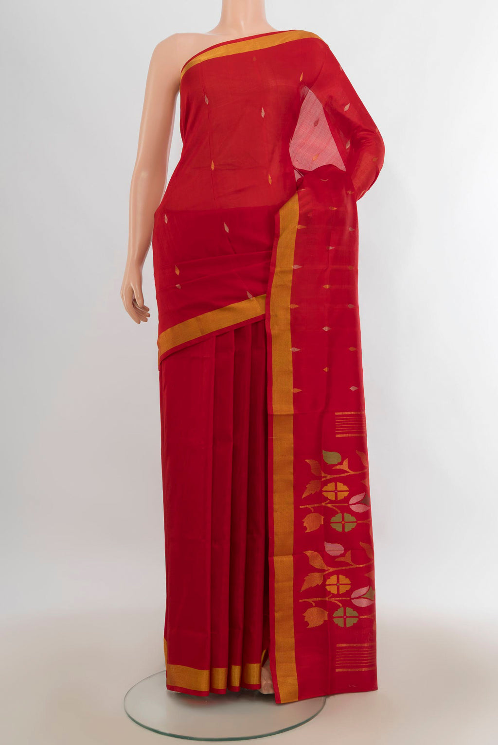 Pure Silk Red Uppada Saree with Zari Butta on the body and Zari Border.  displayed on a mannequin