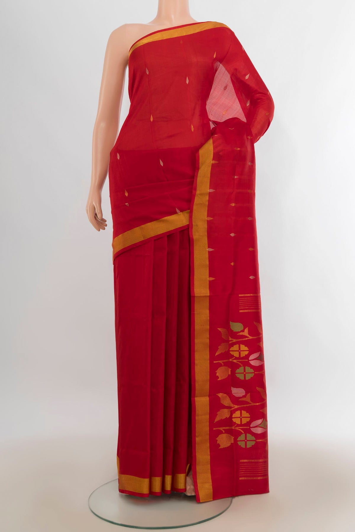 Pure Silk Red Uppada Saree with Zari Butta on the body and Zari Border.  displayed on a mannequin