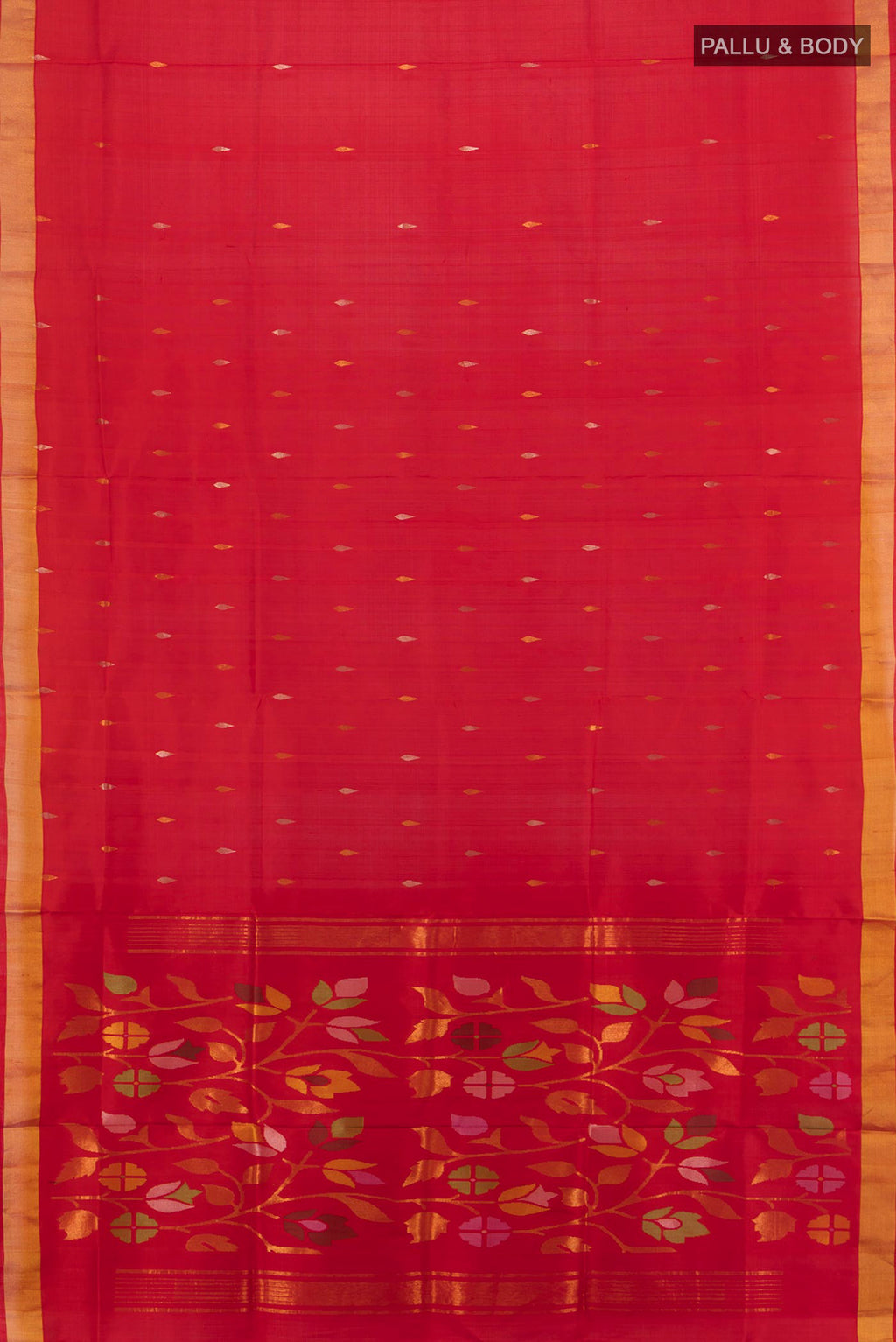 Flat view of Pure Silk Red Uppada Saree with Zari Butta on the body and Zari Border. 
