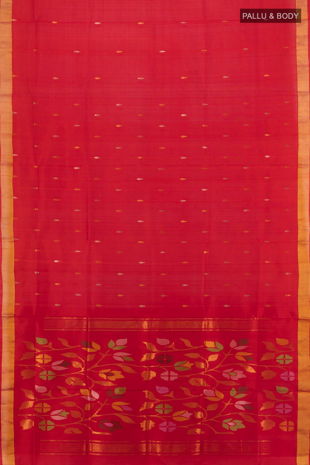 Flat view of Pure Silk Red Uppada Saree with Zari Butta on the body and Zari Border. 
