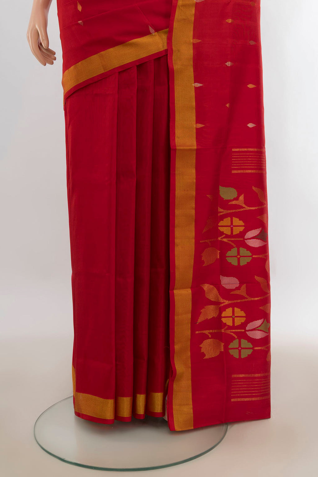 Pleats and pallu of Pure Silk Red Uppada Saree with Zari Butta on the body and Zari Border. 