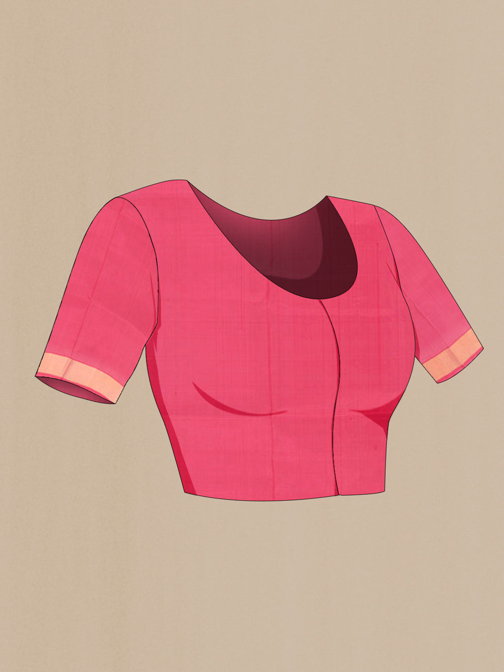 Close up image of the blouse of Pure Silk Peach Uppada Saree with Zari Butta on the body and Zari Border. 