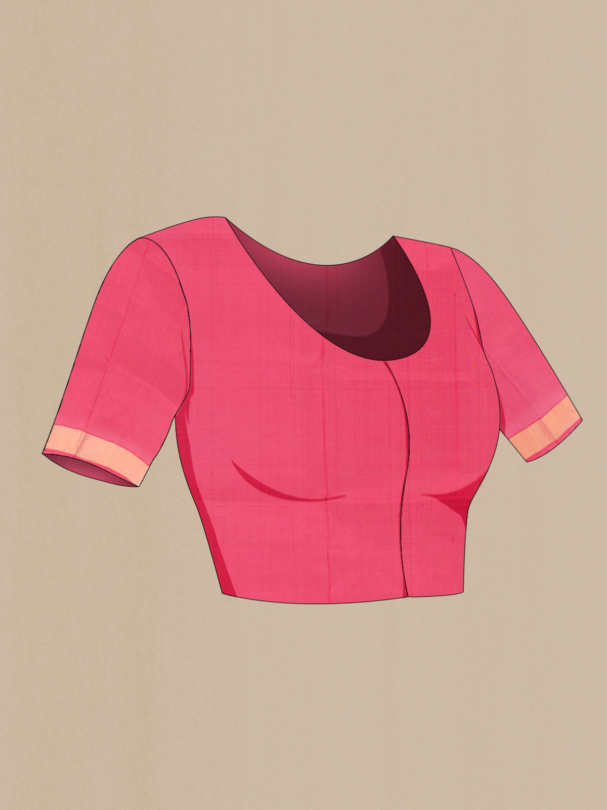 Close up image of the blouse of Pure Silk Peach Uppada Saree with Zari Butta on the body and Zari Border. 