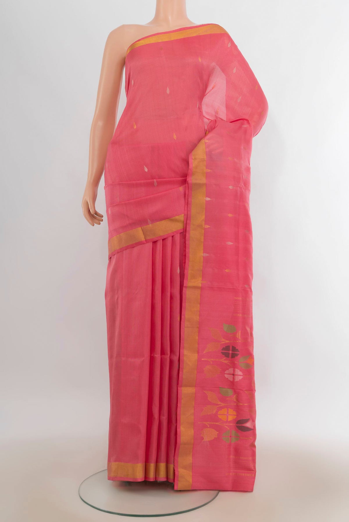 Pure Silk Peach Uppada Saree with Zari Butta on the body and Zari Border.  displayed on a mannequin