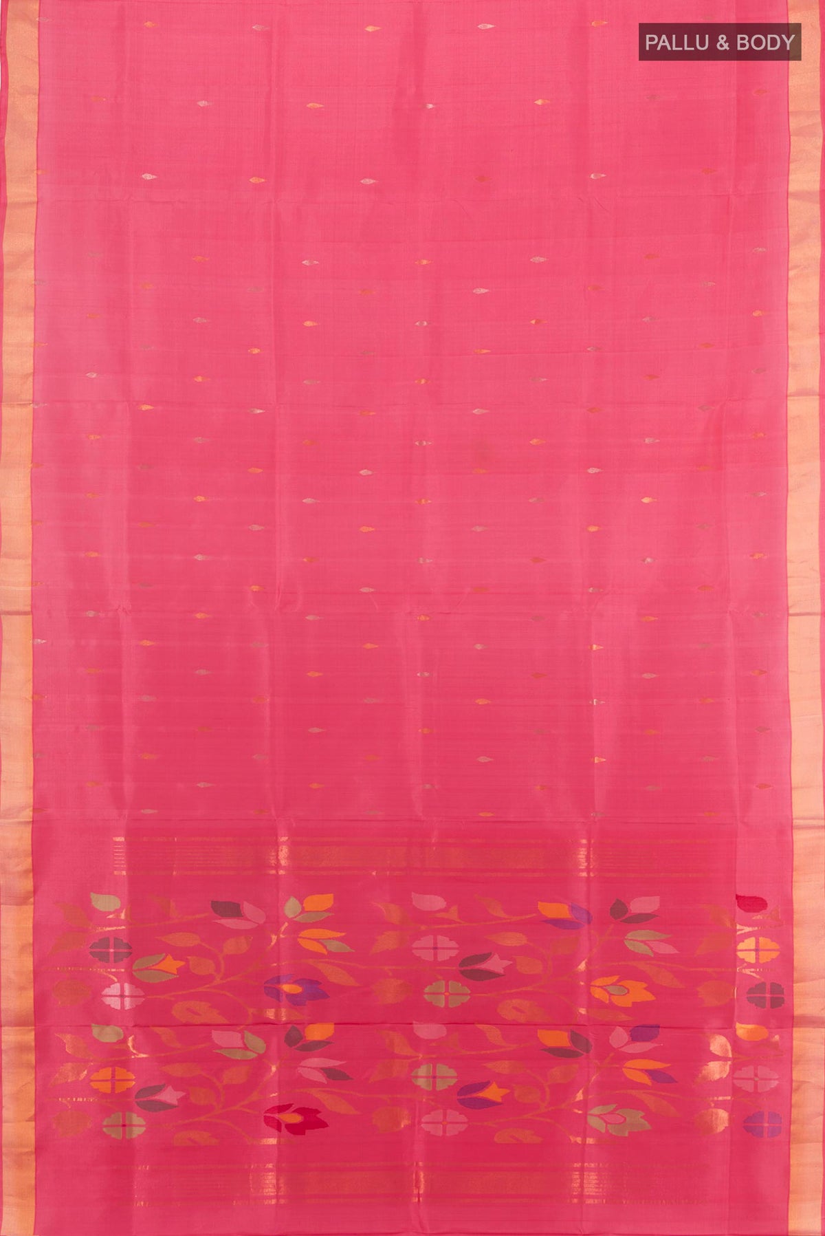Flat view of Pure Silk Peach Uppada Saree with Zari Butta on the body and Zari Border. 