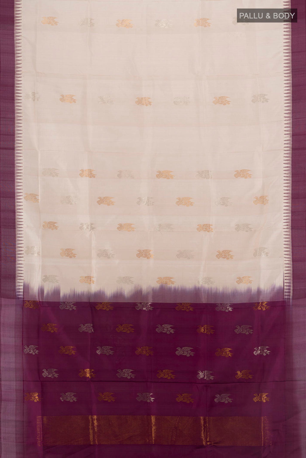 Flat view of Pure Silk Cream Uppada Saree with Zari Butta on the body and Temple Border. 