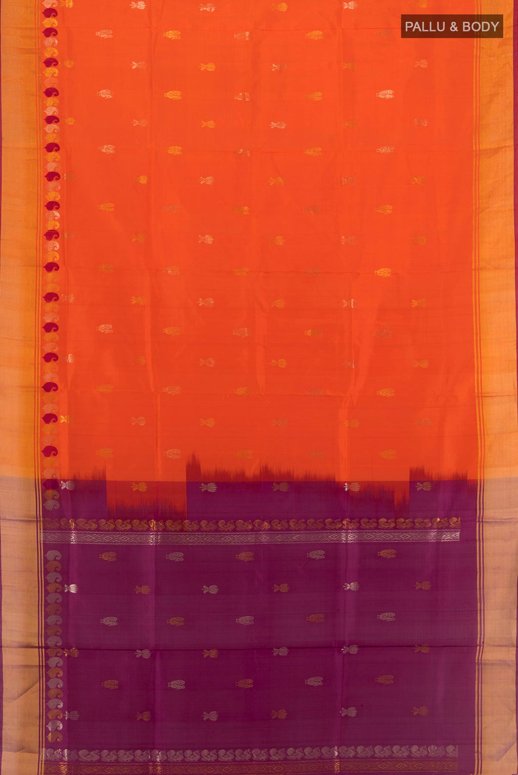 Flat view of Pure Silk Brick Orange Uppada Saree with Zari Butta on the body and Zari Border. 