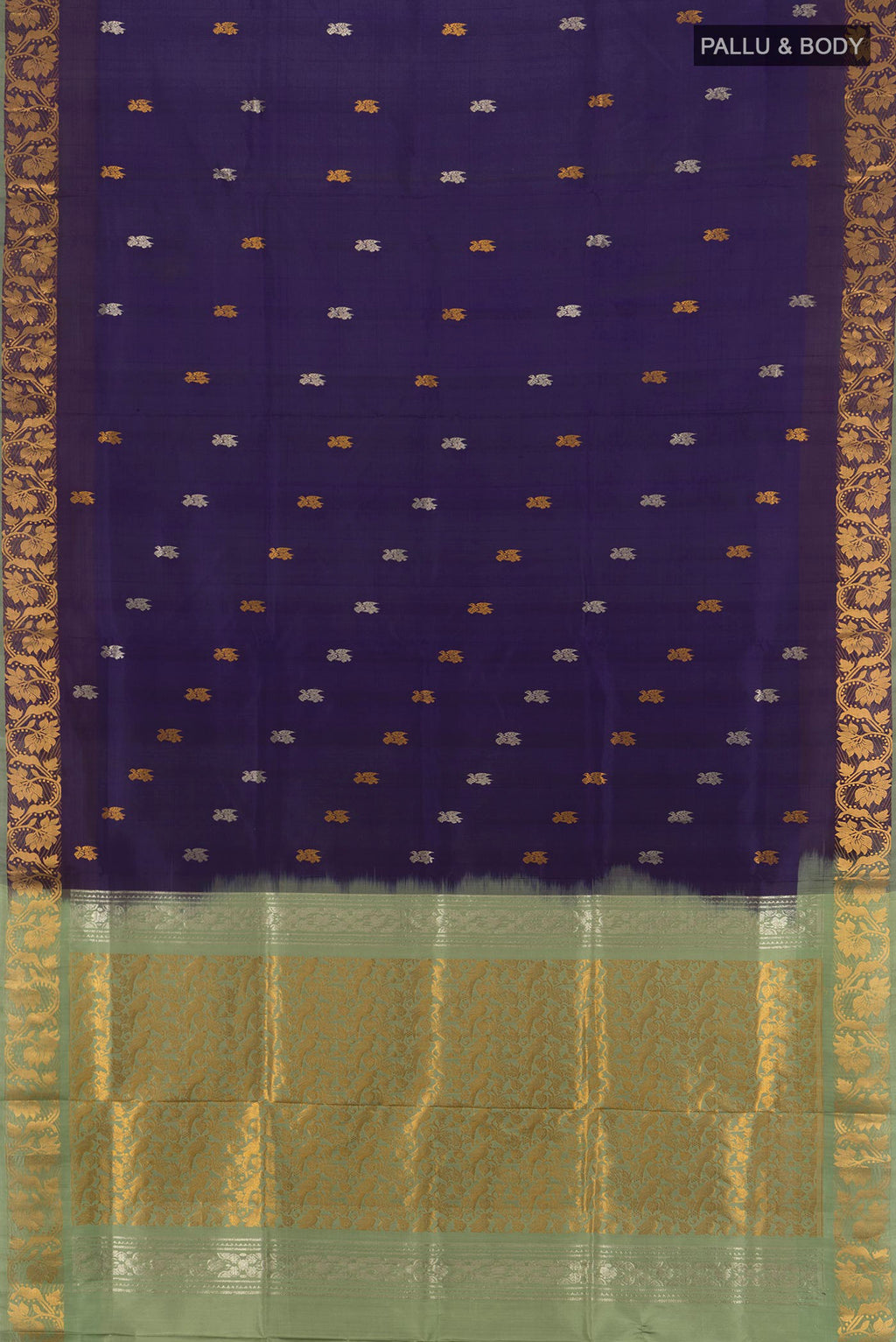 Flat view of Pure Silk Navy Blue Uppada Saree with Zari Butta on the body and Fancy Border. 