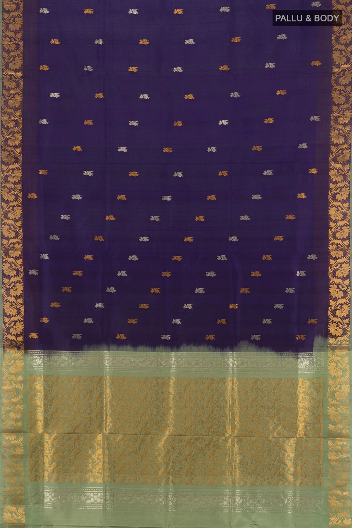 Flat view of Pure Silk Navy Blue Uppada Saree with Zari Butta on the body and Fancy Border. 