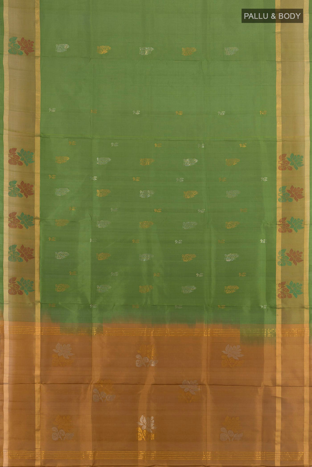 Flat view of Pure Silk Green Uppada Saree with Zari Butta on the body and Zari Border. 