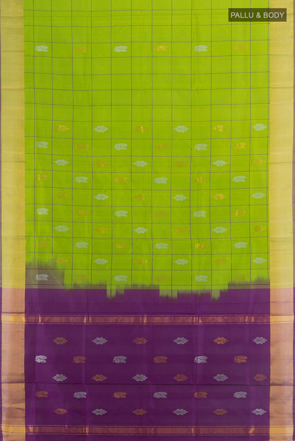 Flat view of Pure Silk Parrot Green Uppada Saree with Checked design on the body and Zari Border. 