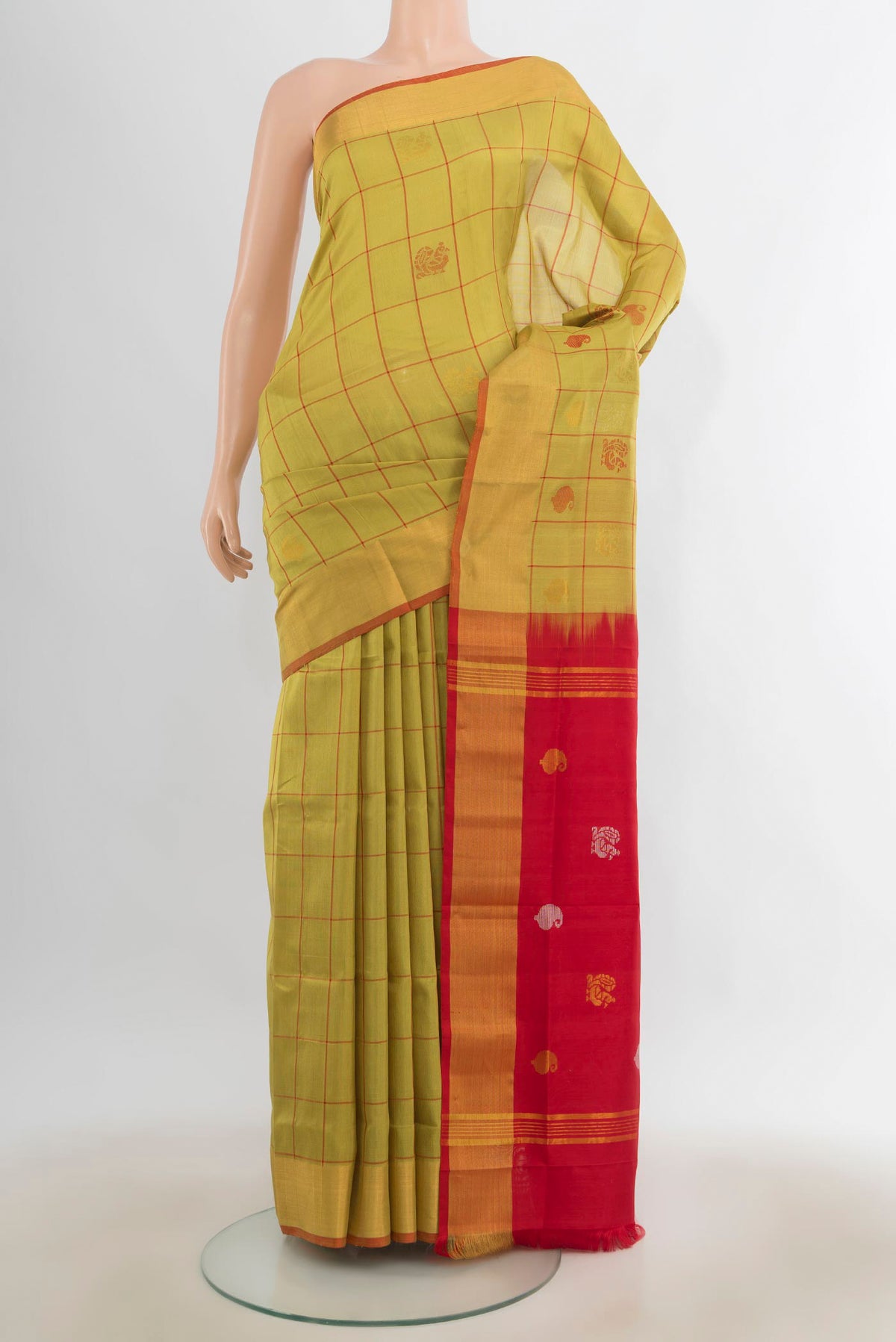 Pure Silk Yellow Uppada Saree with Checked design on the body and Zari Border.  displayed on a mannequin