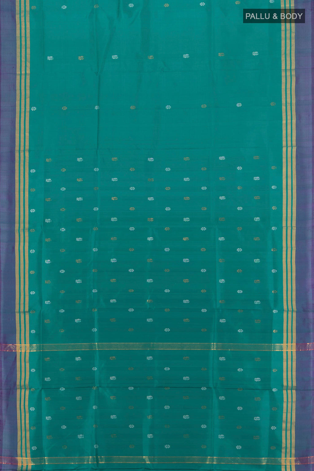 Flat view of Pure Silk Teal Uppada Saree with Zari Butta on the body and Plain Border. 