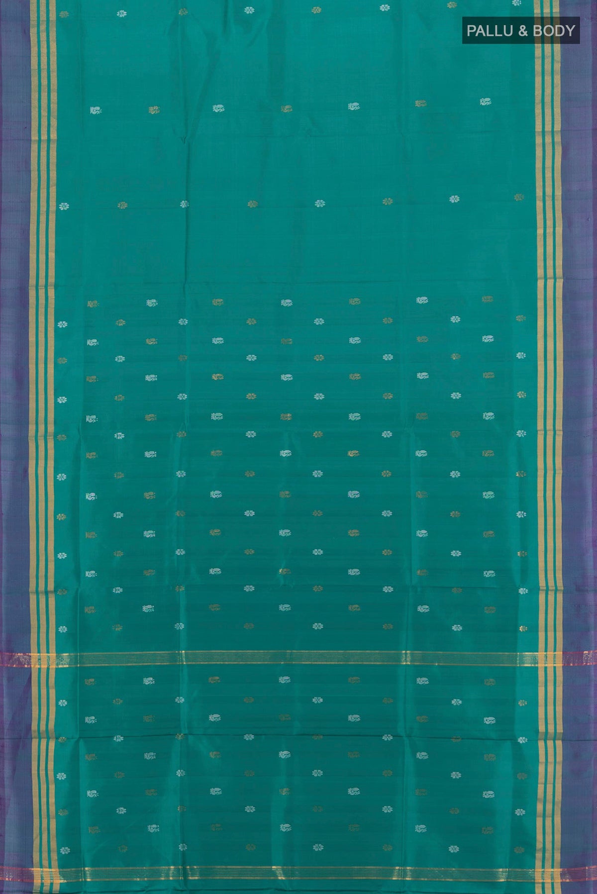 Flat view of Pure Silk Teal Uppada Saree with Zari Butta on the body and Plain Border. 