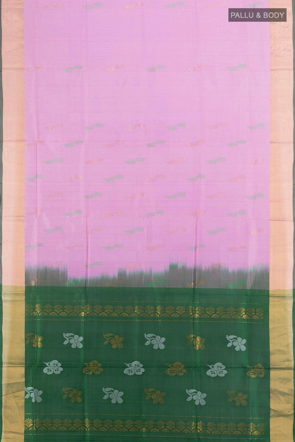 Flat view of Pure Silk Rose pink Uppada Saree with Zari Butta on the body and Zari Border. 