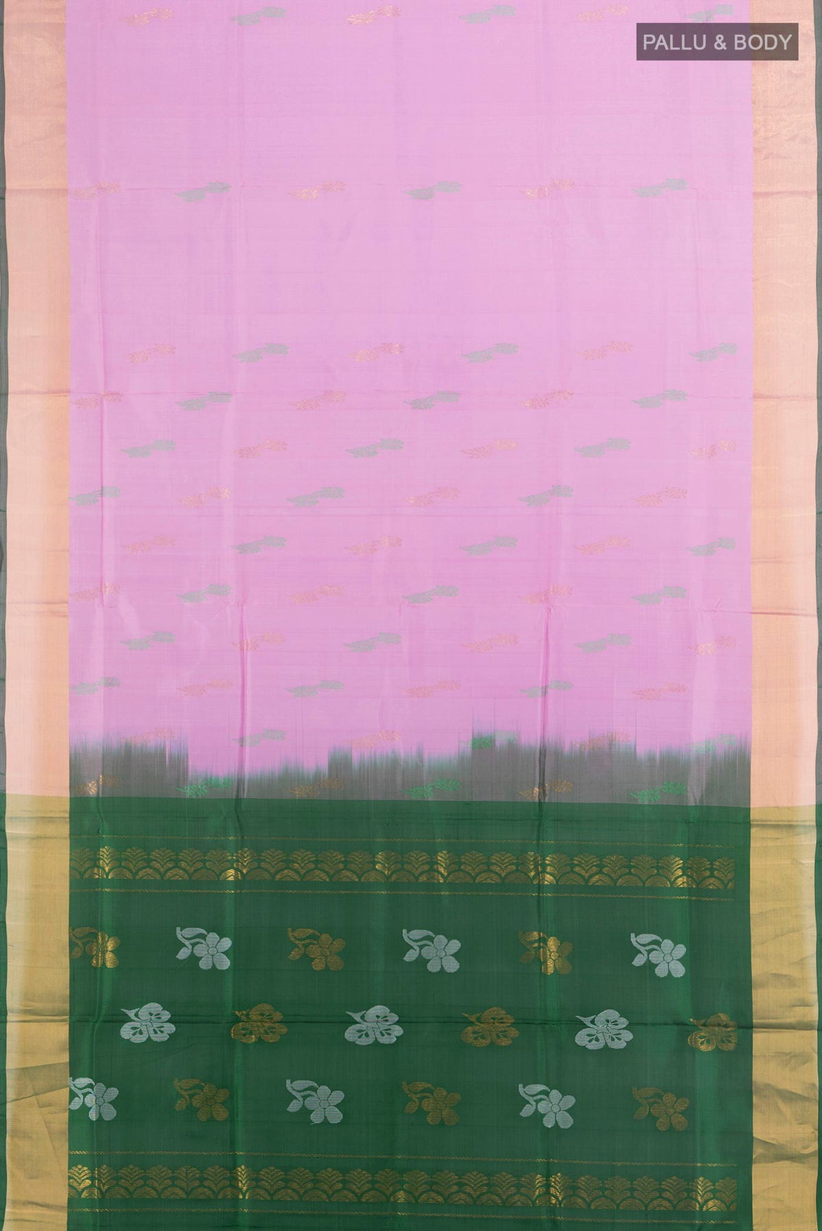 Flat view of Pure Silk Rose pink Uppada Saree with Zari Butta on the body and Zari Border. 